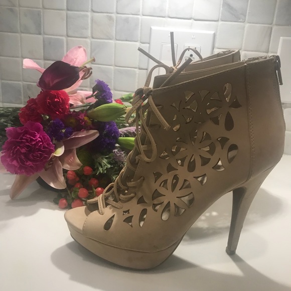 Shoes - Nude Tan Lace Up Peep Toe Heel Booties